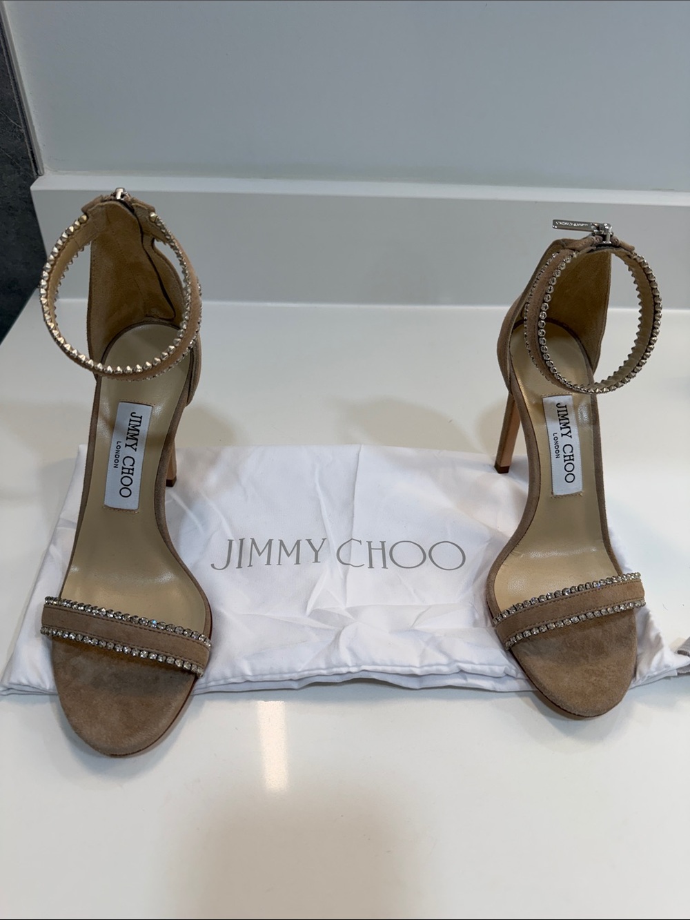 Jimmy Choo Nude/Taupe Suede Crystal-Ankle Strap Stiletto Sandals